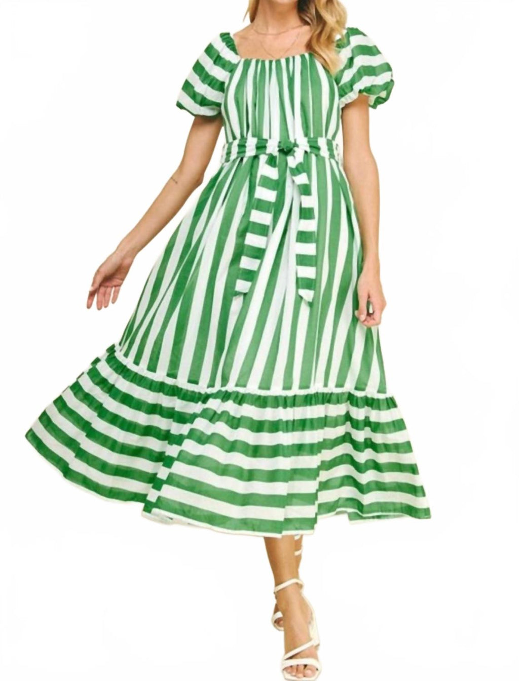 Striped Midi Puff Sleeve Dress In Green