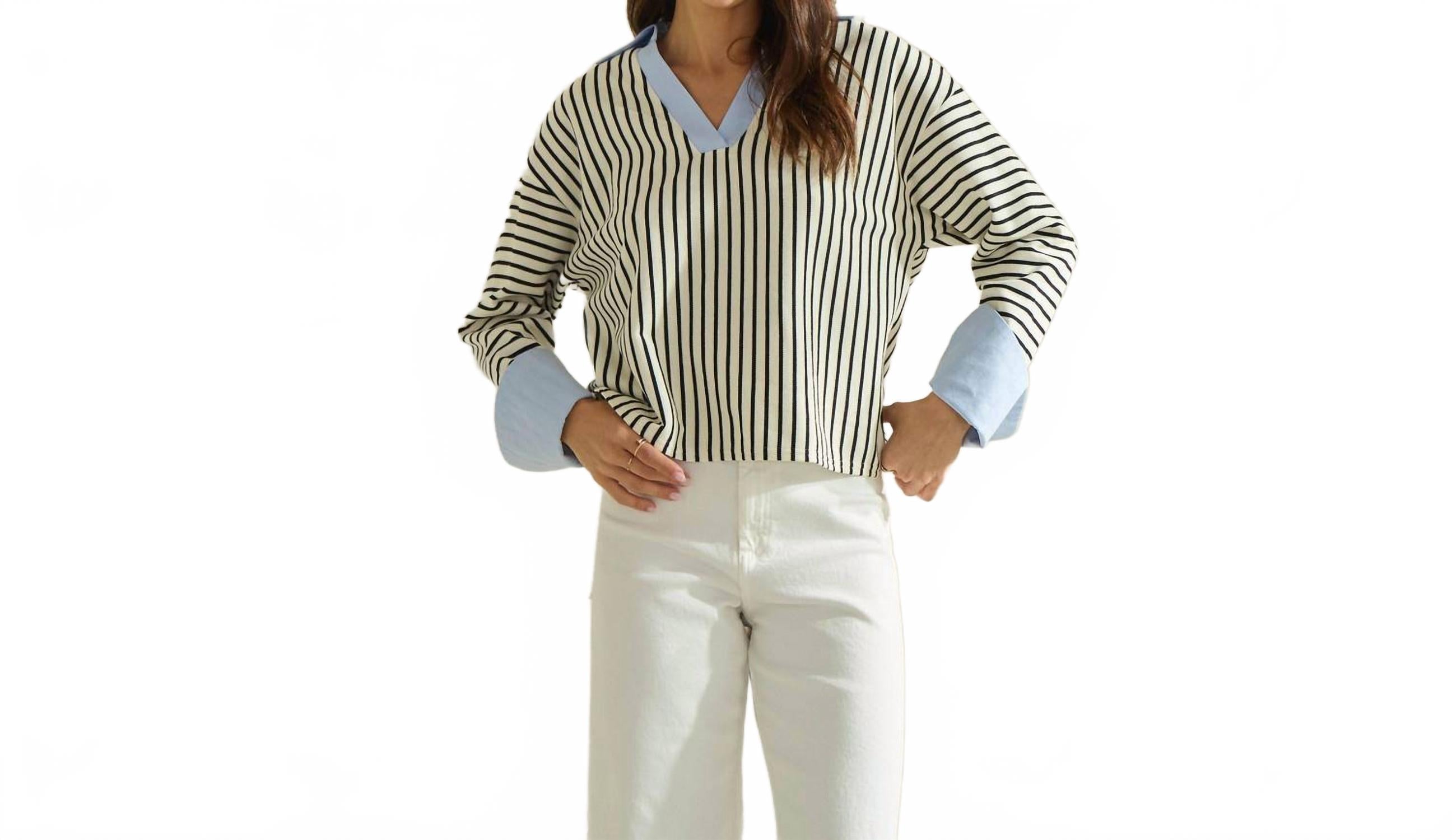 Stripe V-Neck Blouse In Black/white