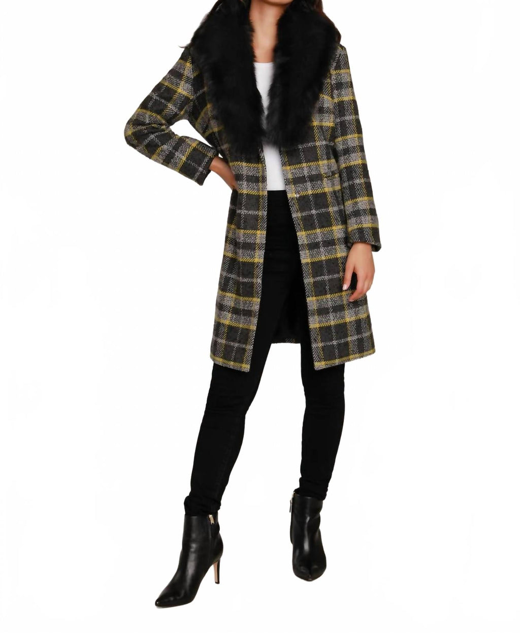 Long Plaid Coat With Detachable Fur Collar In Yellow/grey