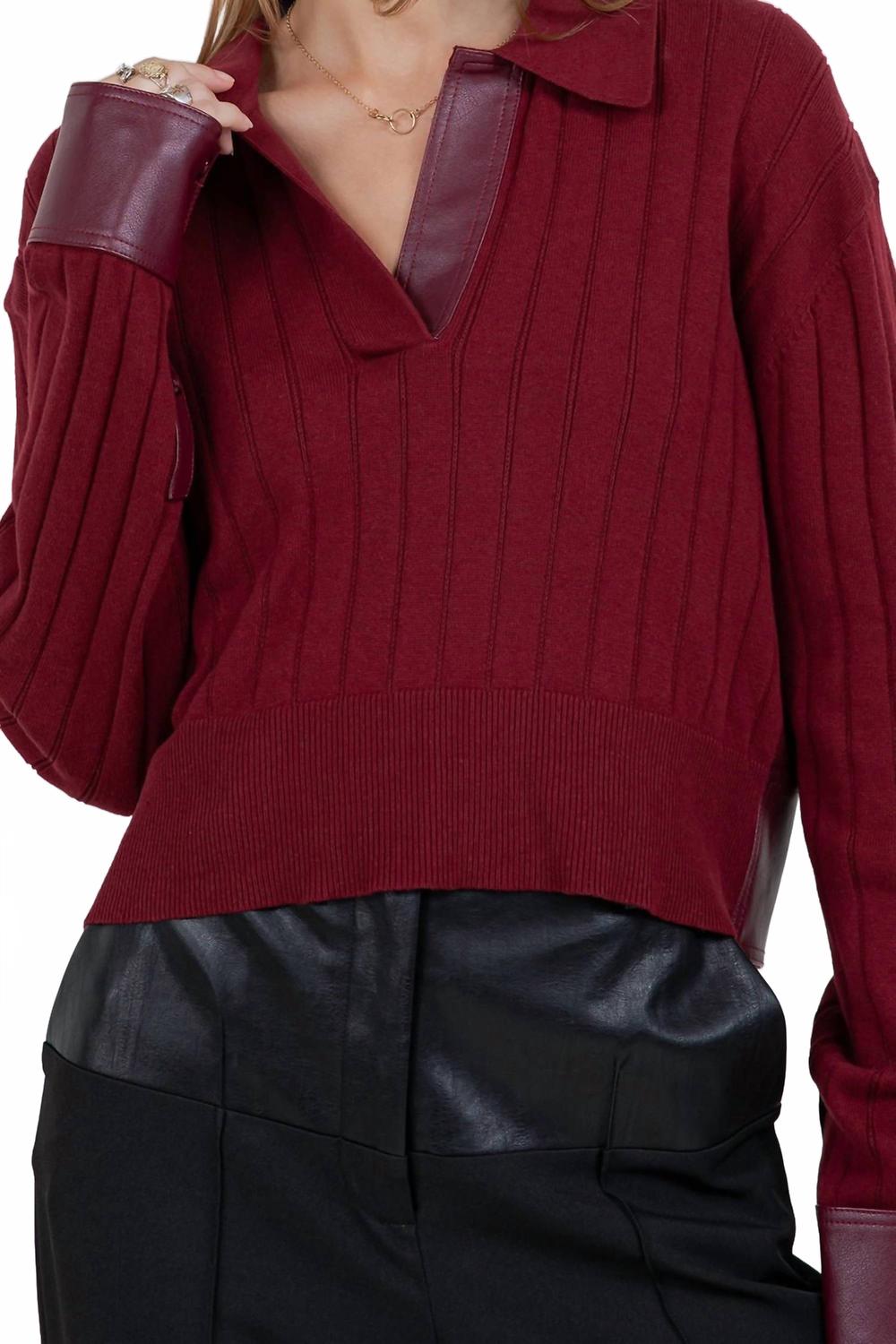 Contrast Knitted Long Sleeve Sweater In Burgundy