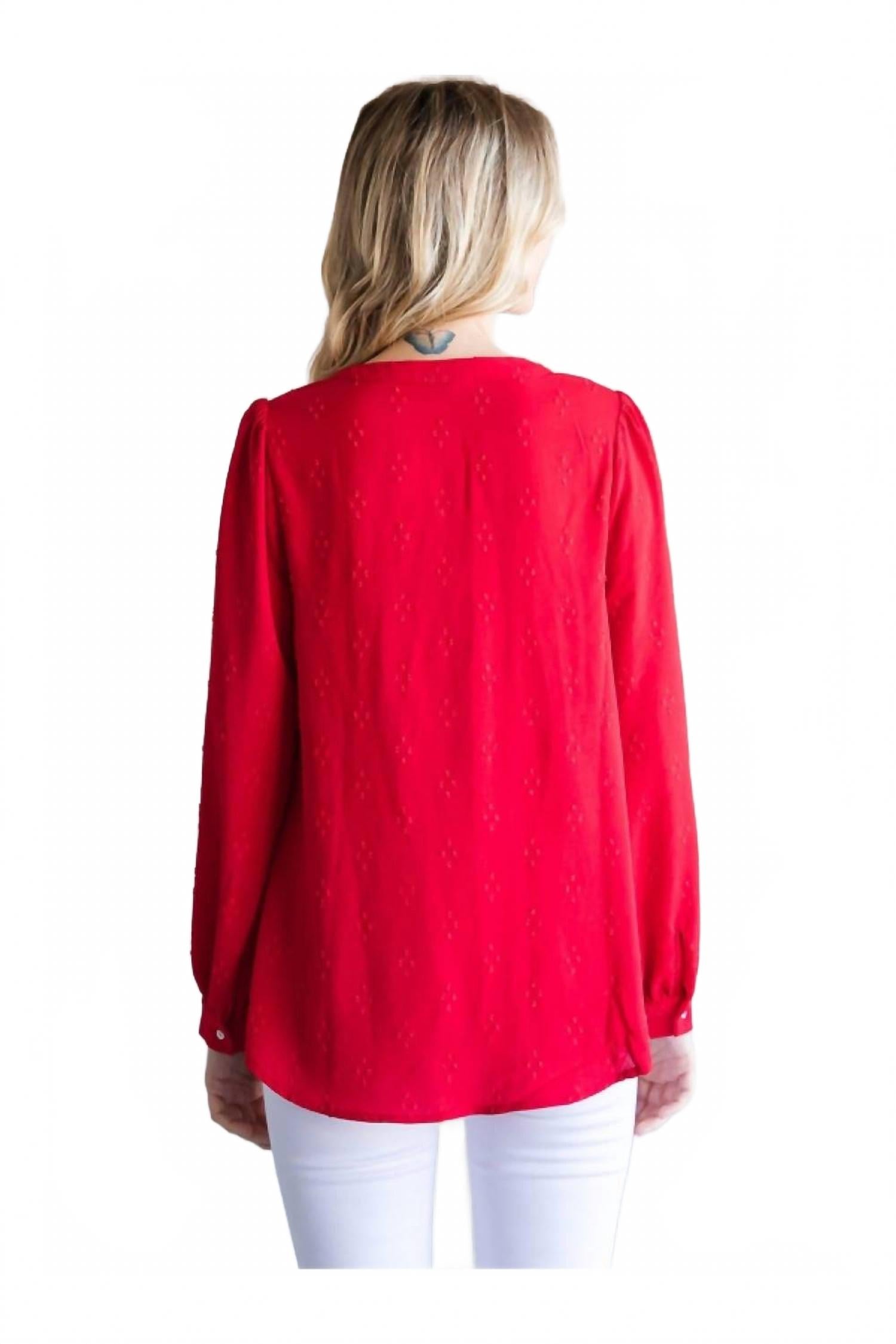 Textured Top With A Collarless Neckline & Long Bubble Sleeves In Tomato Red