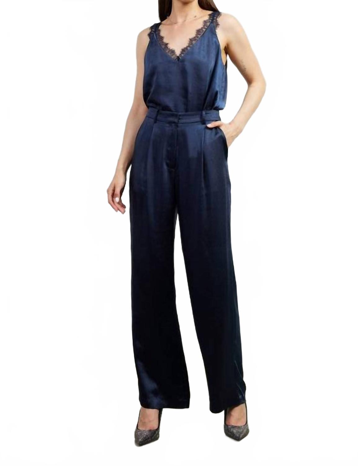 Dull Satin Elastic Back Trouser In Navy