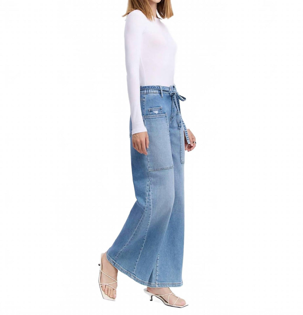Carmen High Rise Elastic Tie Waistband Baggy Wide Jeans In Light Wash
