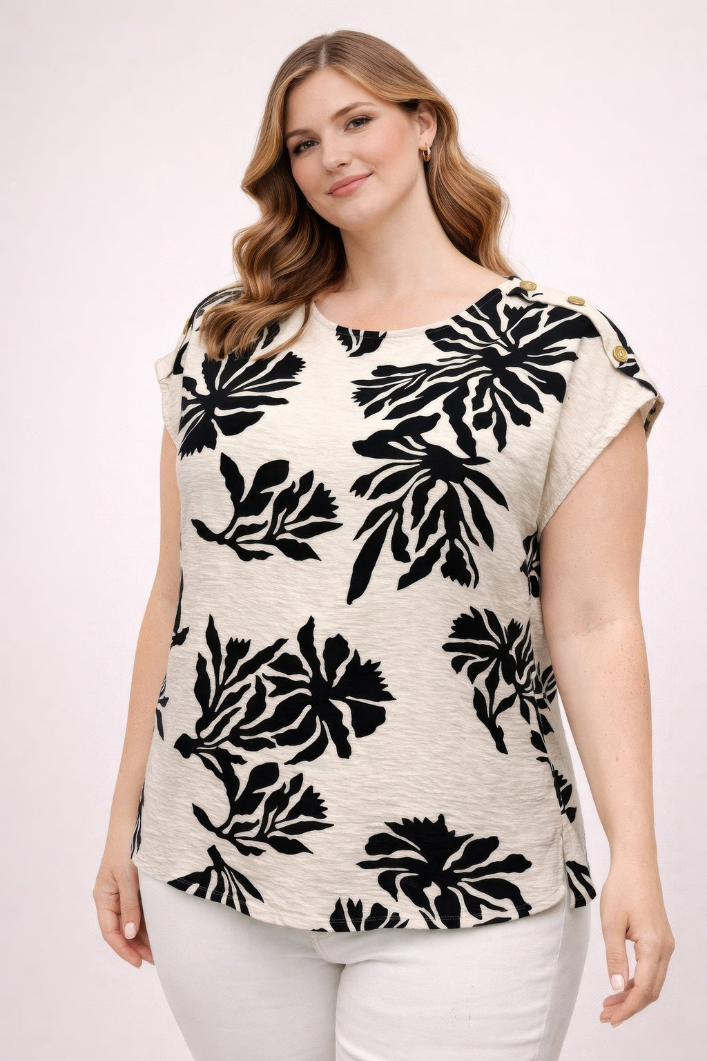 Plus Size Tropical Leaf Print Button-shoulder Top