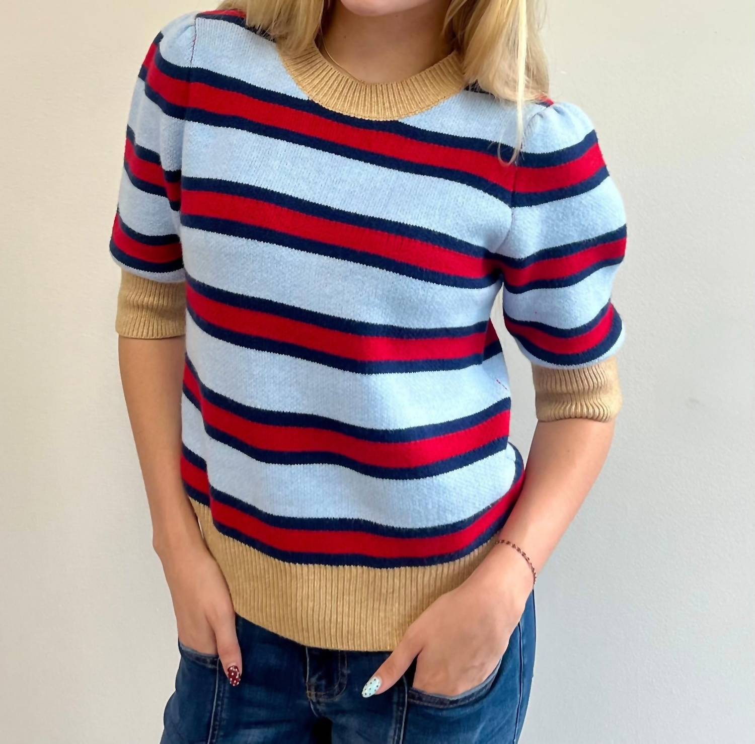 Scottie Striped Knit Sweater In Blue, Red And Tan
