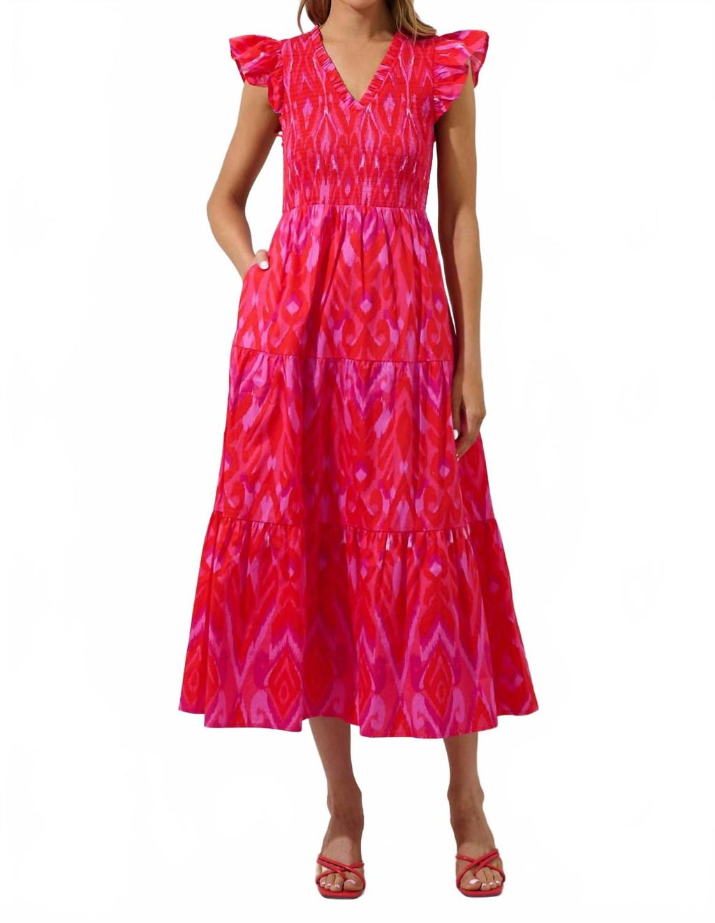 Sunfire Smocked Midi Dress In Red-Pink-Combo