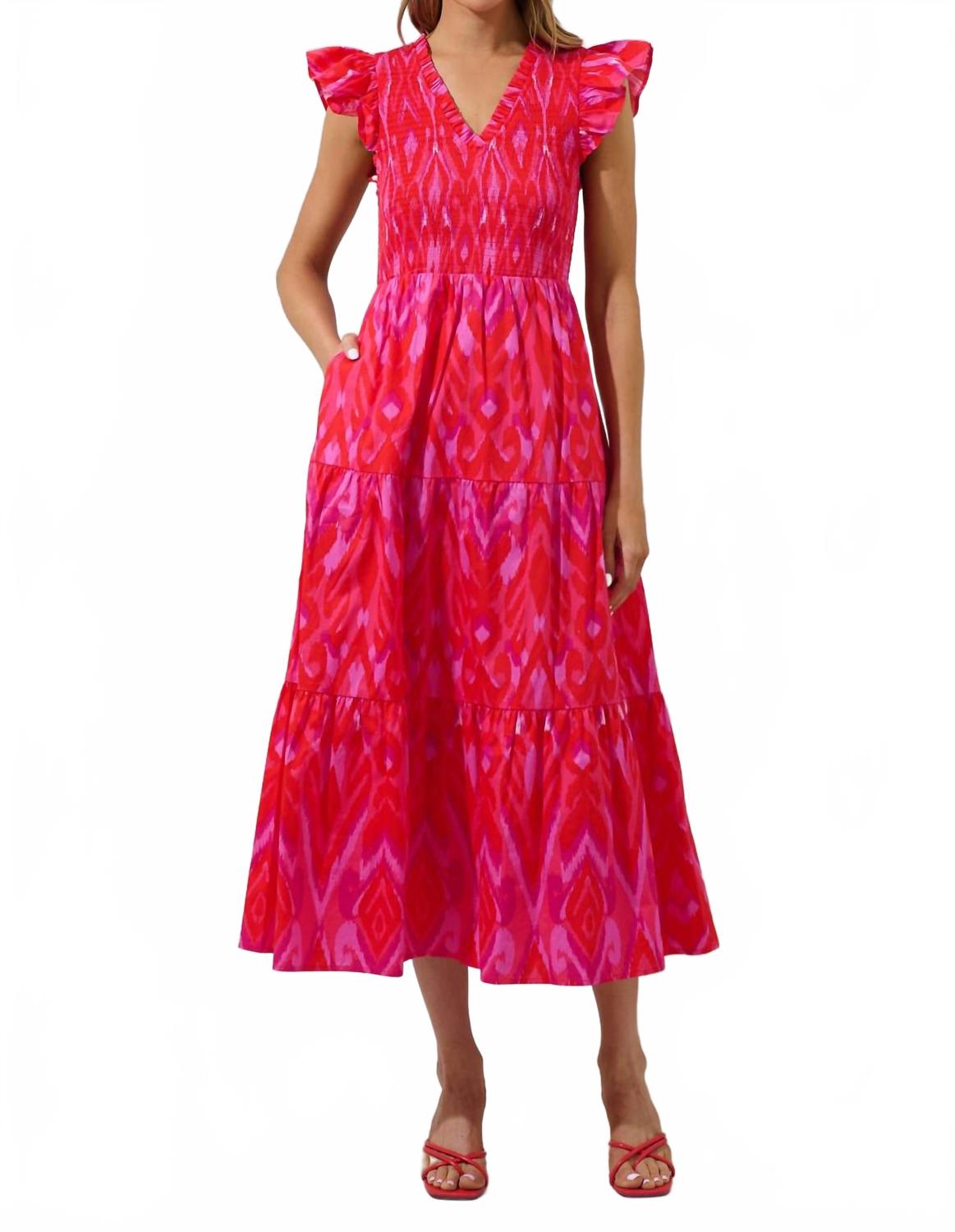 Sunfire Smocked Midi Dress In Red-Pink-Combo