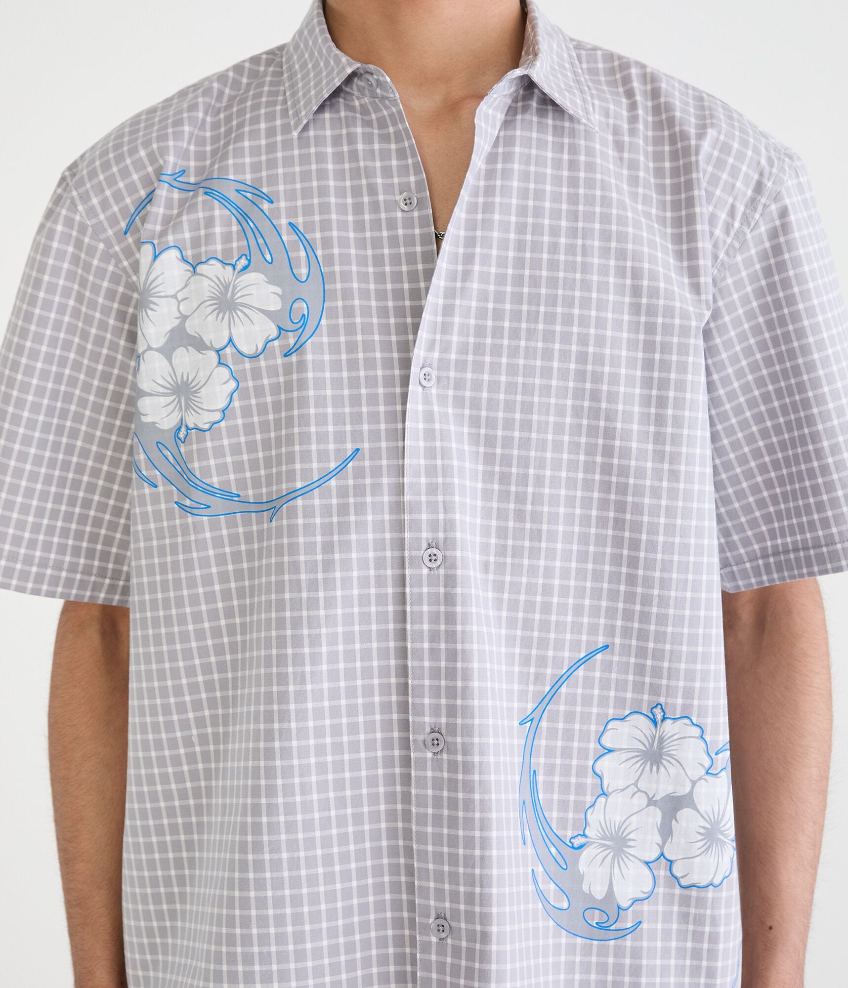 Aeropostale Floral Tattoo Microplaid Boxy Shirt