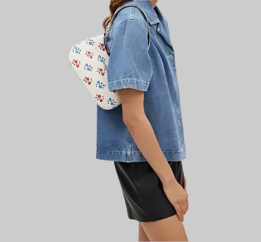 NWT Coach Leather Teri Shoulder Bag With Floral Print In Silver/Chalk Multi