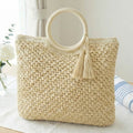 Round Handle Tassel Raffia Woven Tote Handbag