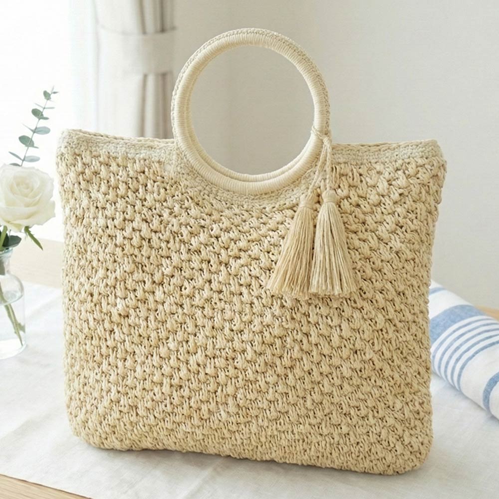 Round Handle Tassel Raffia Woven Tote Handbag