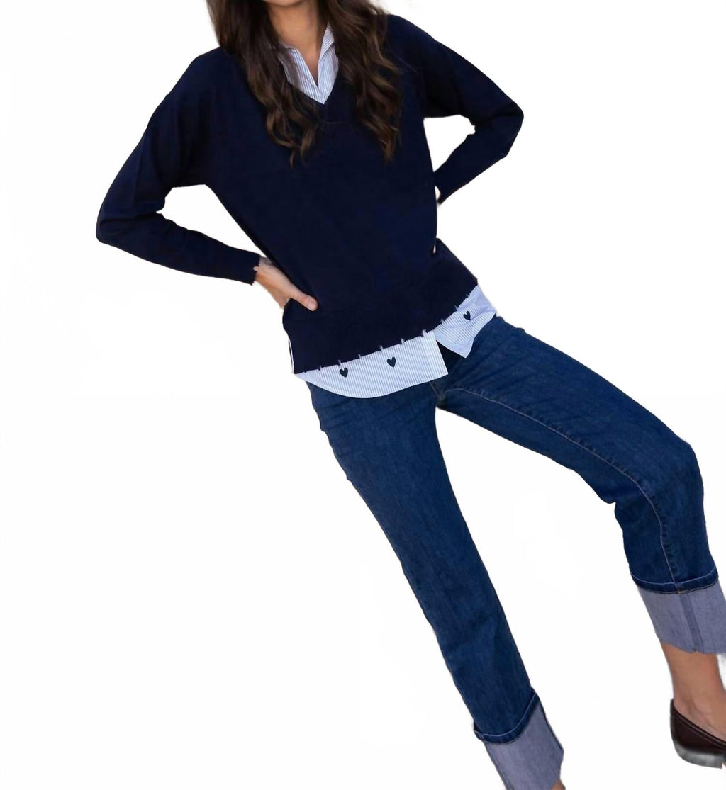 Margaret Layered Poplin Sweater In Navy