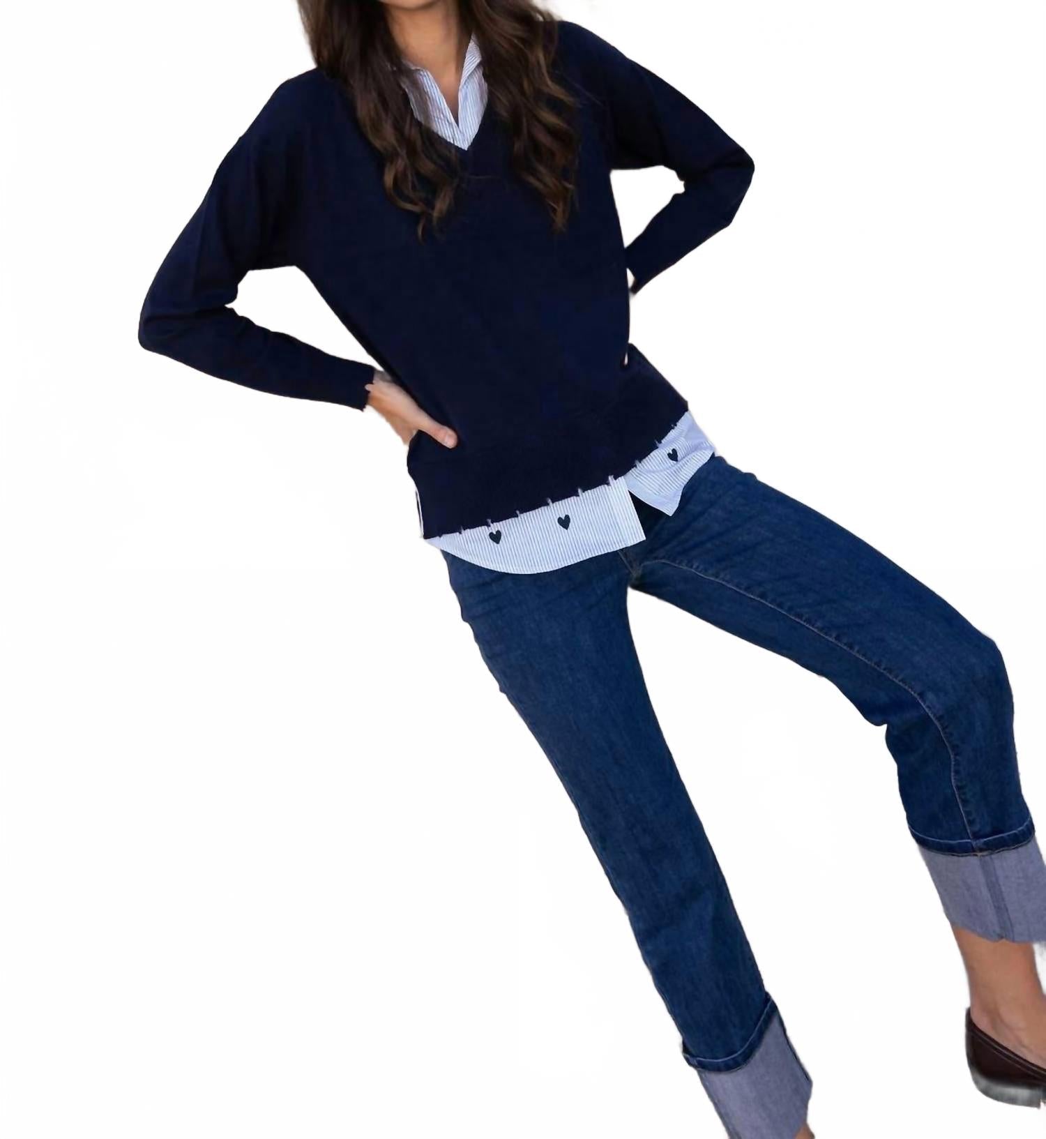 Margaret Layered Poplin Sweater In Navy