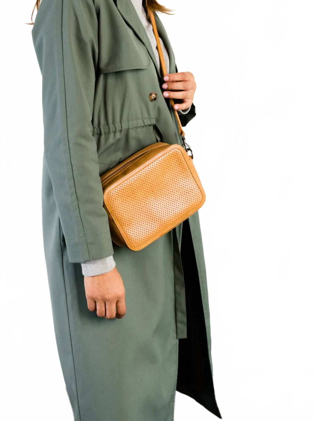 Women's Medium Zipper Crossbody Bag In Perforated Cognac