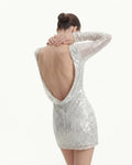 Diagonal Sequin Open-Back Long Sleeve Mini Dress - White