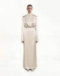Structured Shoulder Design Satin High-Neck Fitted Maxi Dress - Cream
