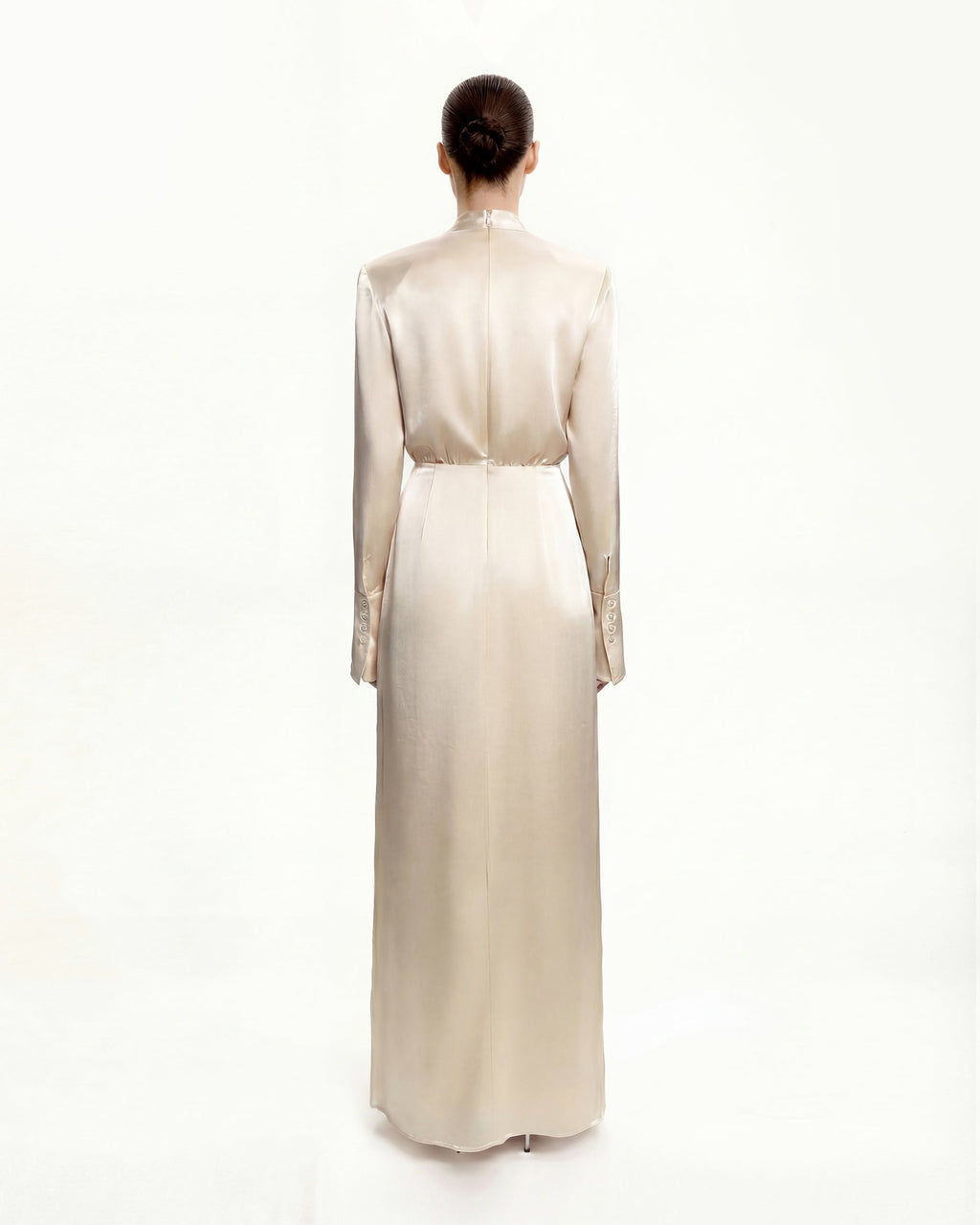 Structured Shoulder Design Satin High-Neck Fitted Maxi Dress - Cream