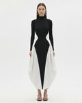 Monochrome Paneled Long-Sleeve Maxi Dress - Black