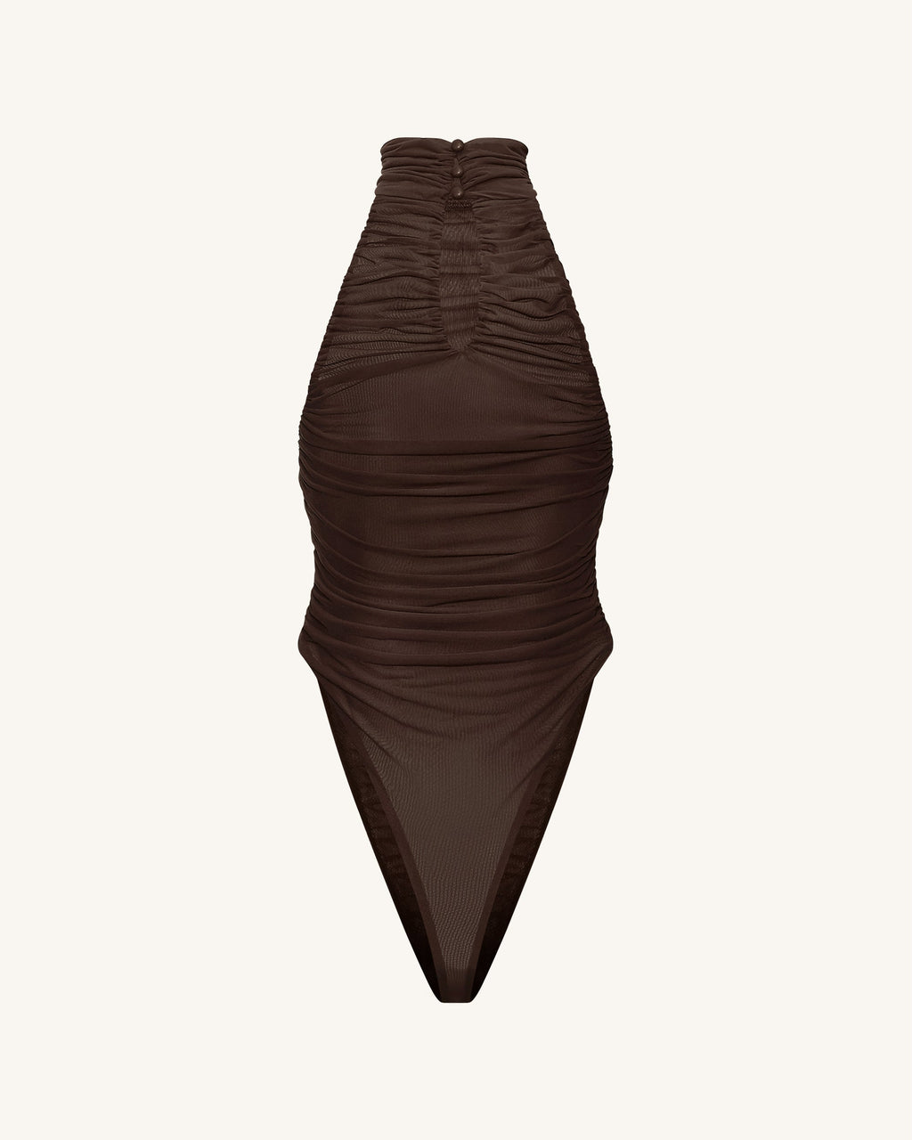 Ruched Twist-Front Halter Bodysuit - Brown