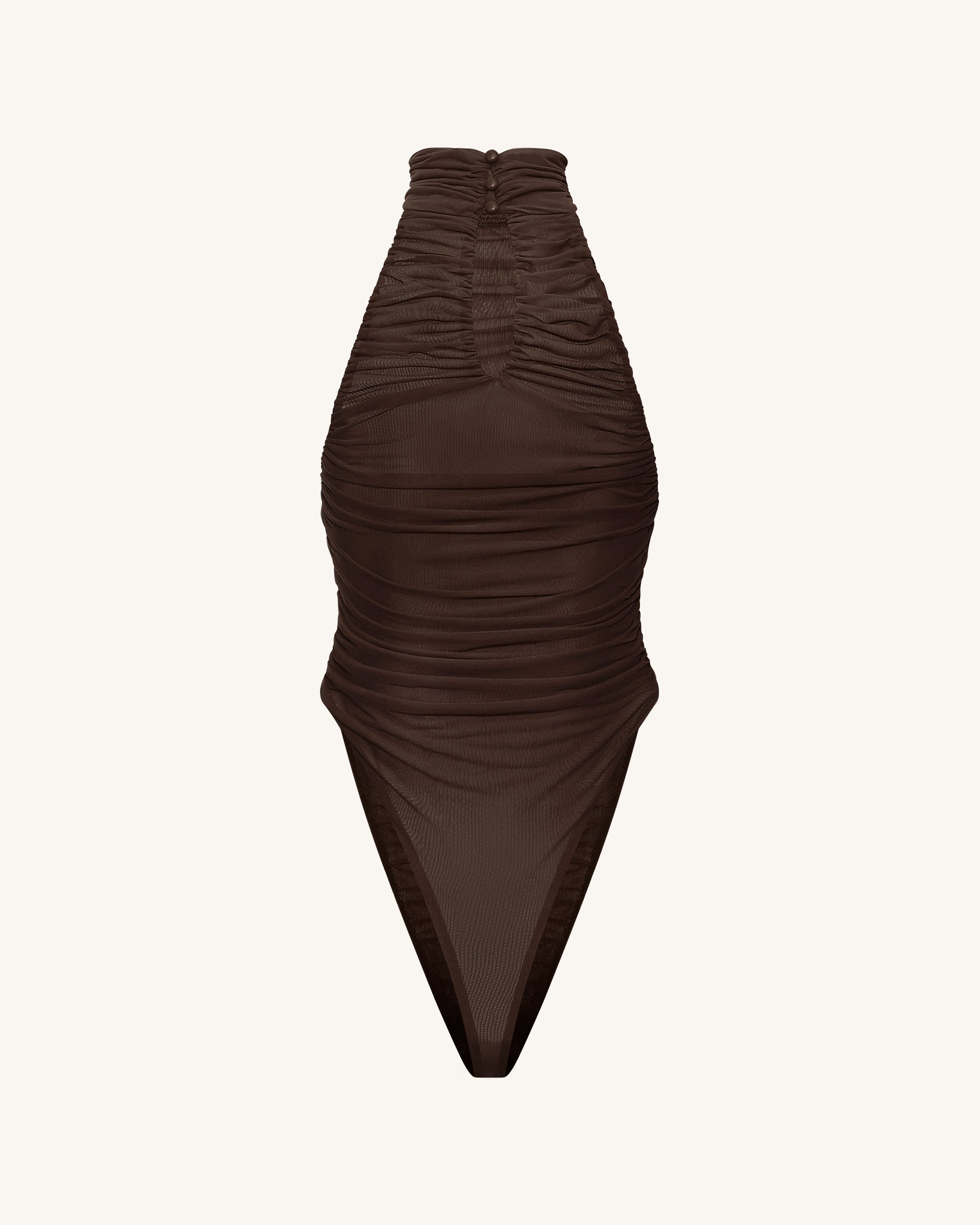 Ruched Twist-Front Halter Bodysuit - Brown