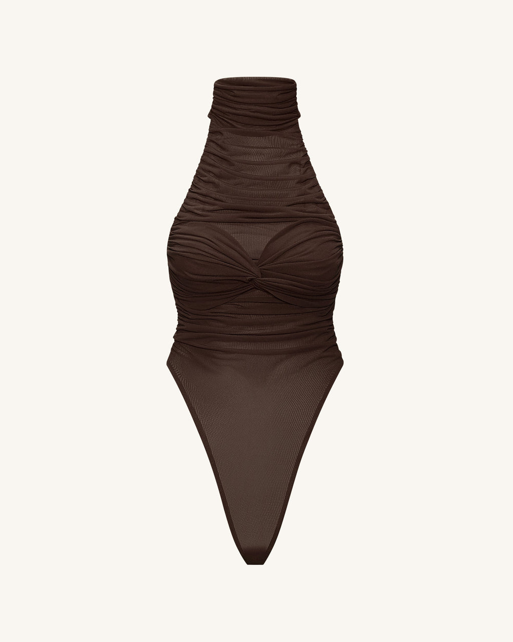 Ruched Twist-Front Halter Bodysuit - Brown