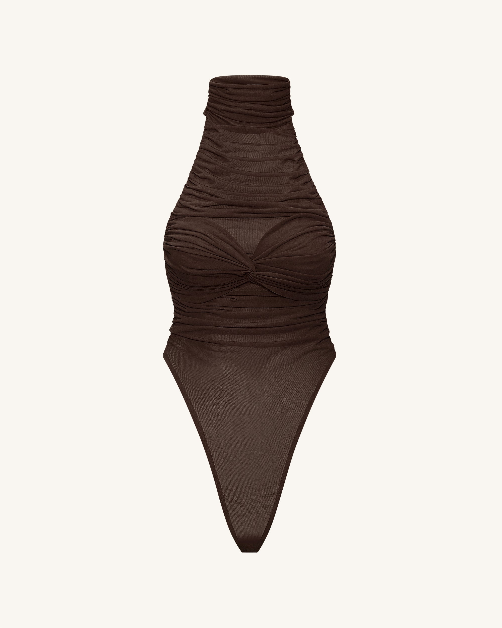 Ruched Twist-Front Halter Bodysuit - Brown