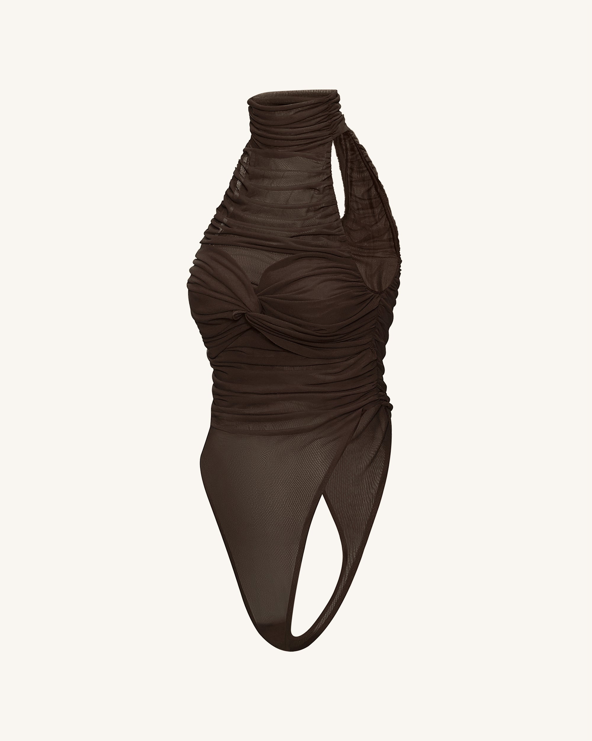 Ruched Twist-Front Halter Bodysuit - Brown
