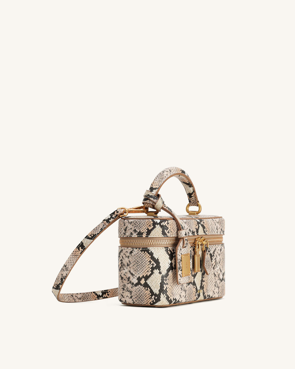Cleo Snake-Embossed Box Shape Top Handle Bag - Beige