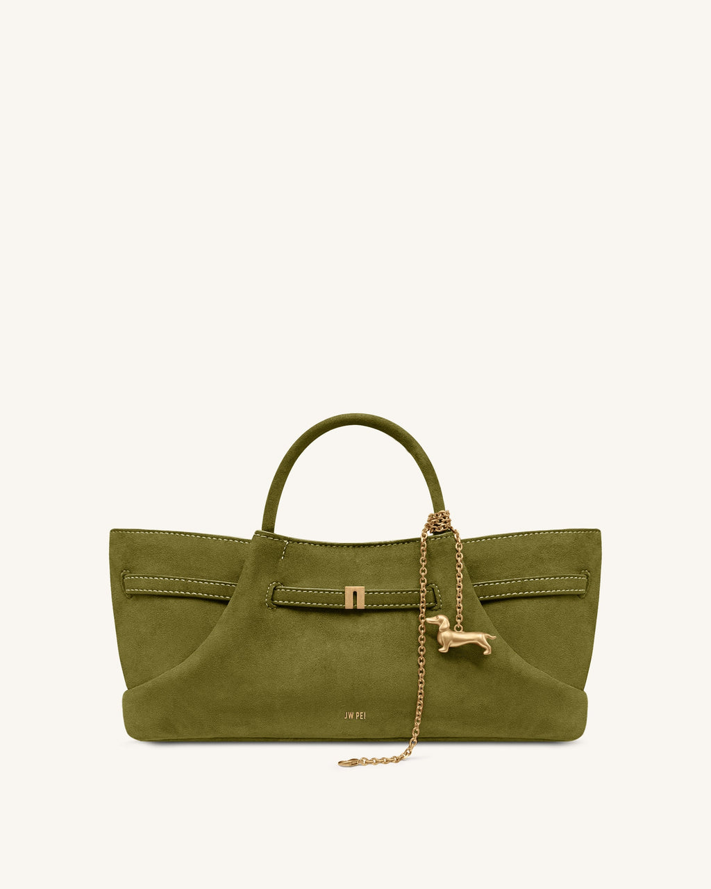 Maeve Dachshund Metal Charm Faux Suede Tote Bag - Olive Green