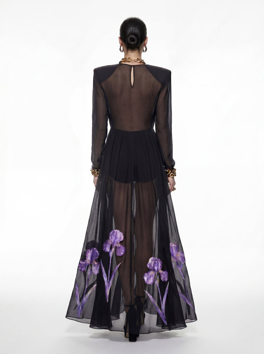 Iris Floral Print Long-Sleeve Sheer Gown - Black/Purple