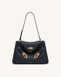Rhea Woven Texture Double Buckle Shoulder Bag - Navy Blue