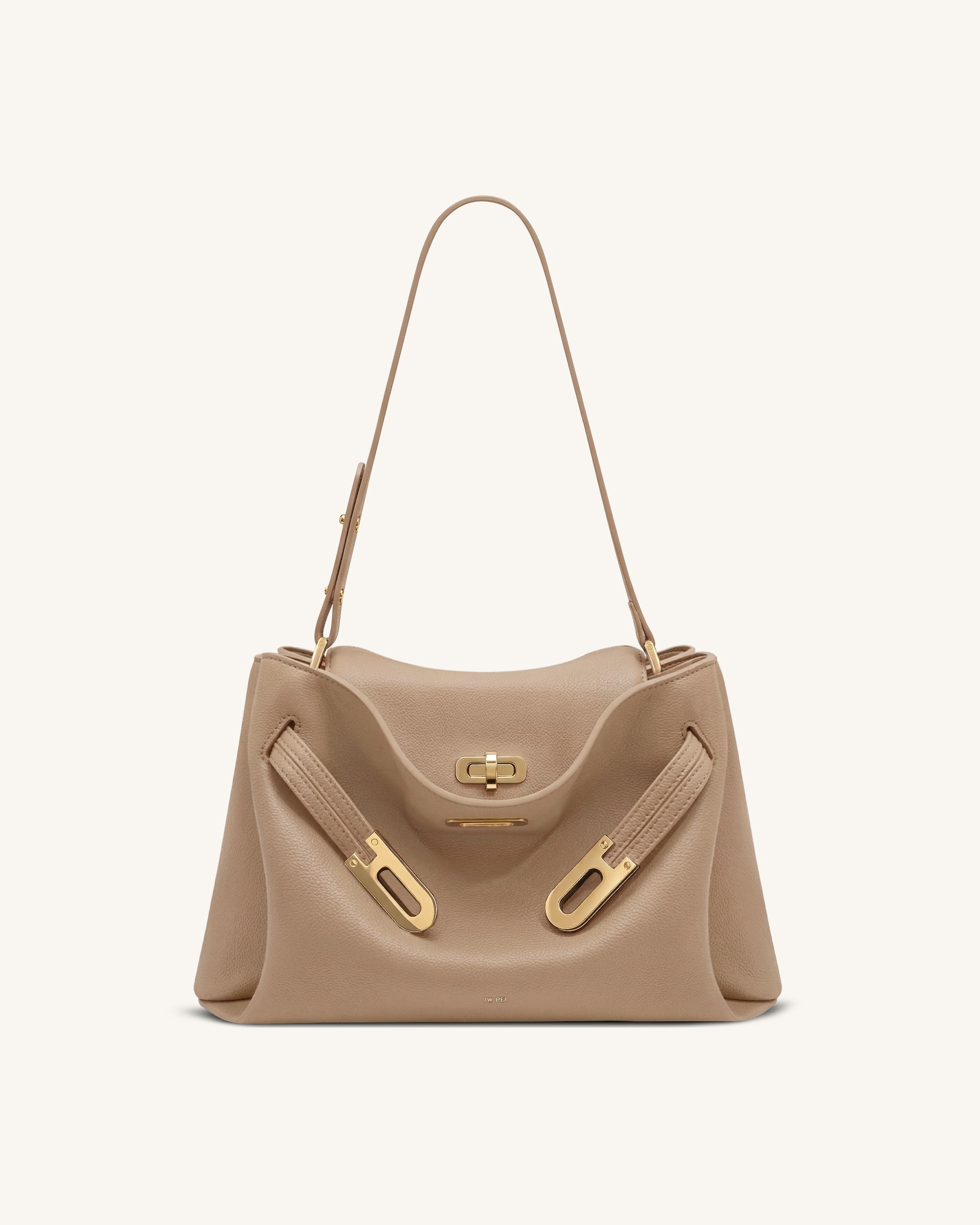 Rhea Pebbled Double Buckle Shoulder Bag - Khaki