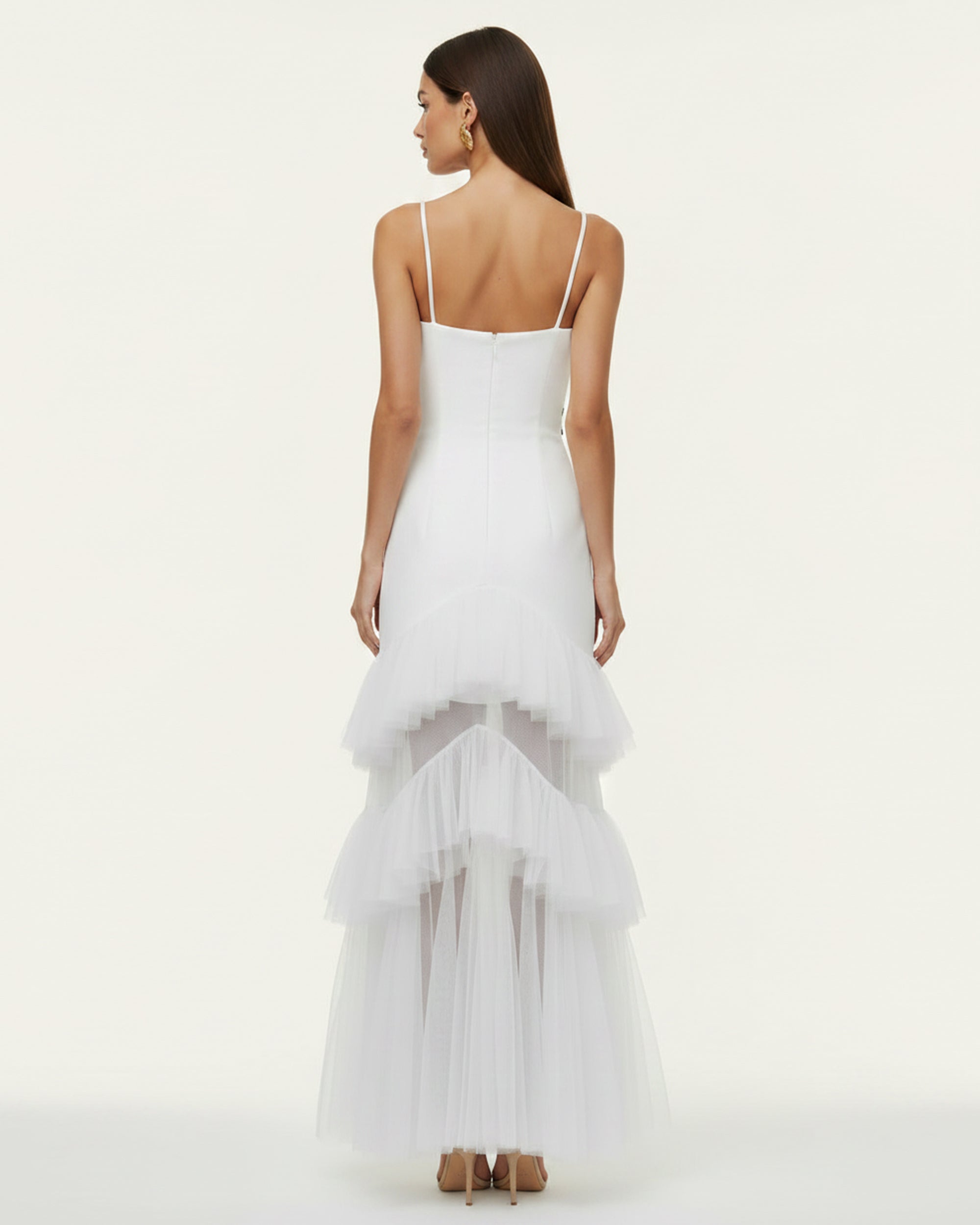Orchid Embroidered Ruffled Tulle Strapless Maxi Dress - White