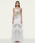 Orchid Embroidered Ruffled Tulle Strapless Maxi Dress - White