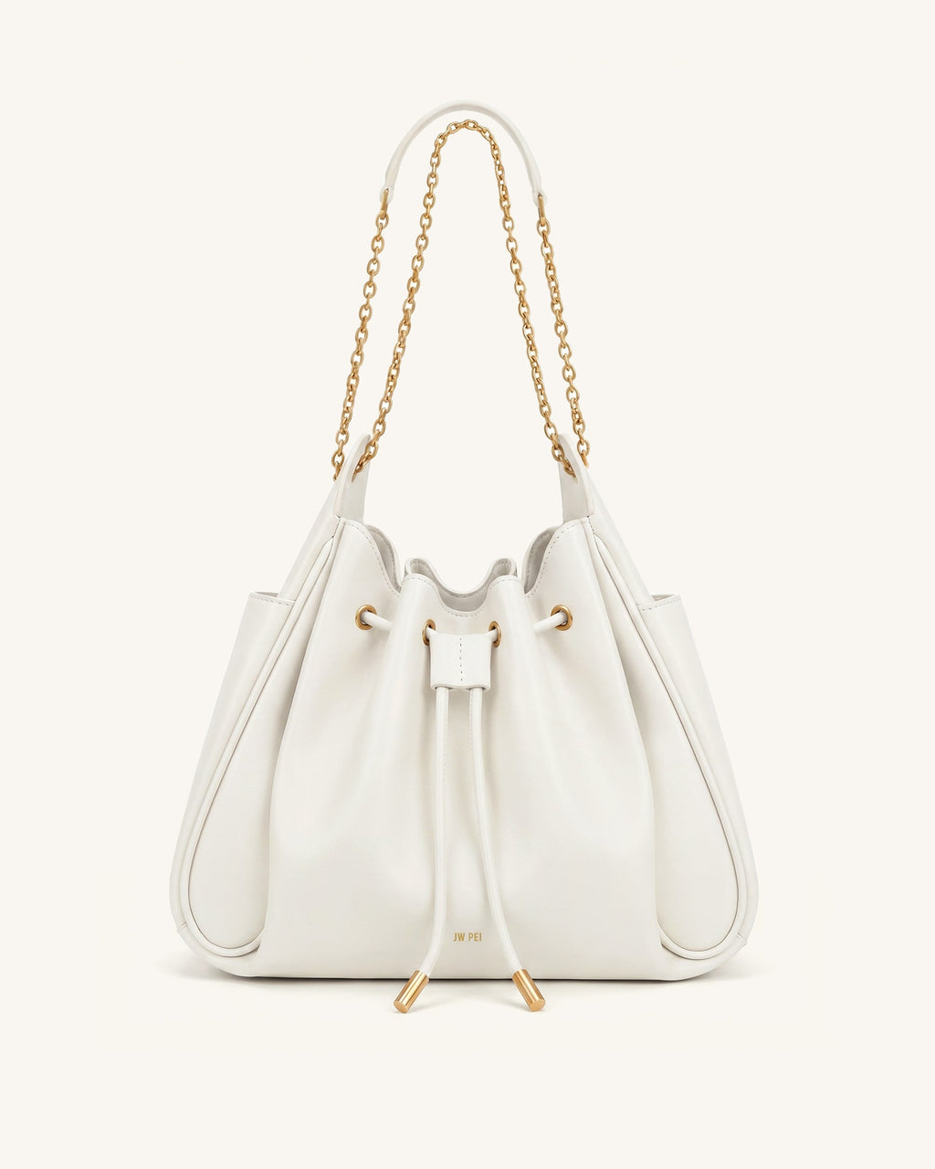Rowan Ruched Drawstring Chain Bucket Bag - Ivory