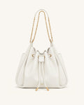 Rowan Ruched Drawstring Chain Bucket Bag - Ivory