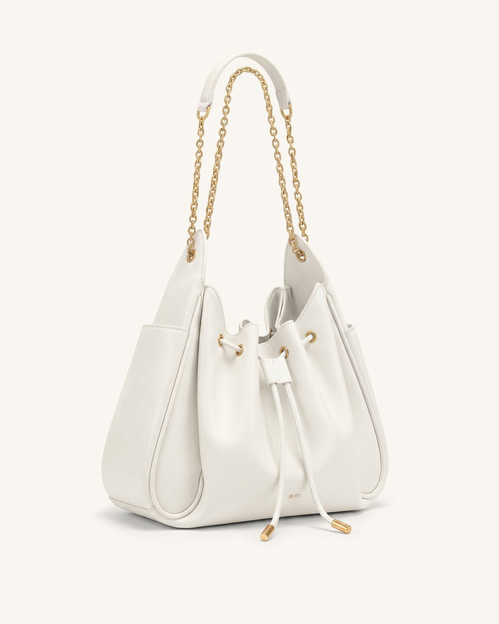 Rowan Ruched Drawstring Chain Bucket Bag - Ivory