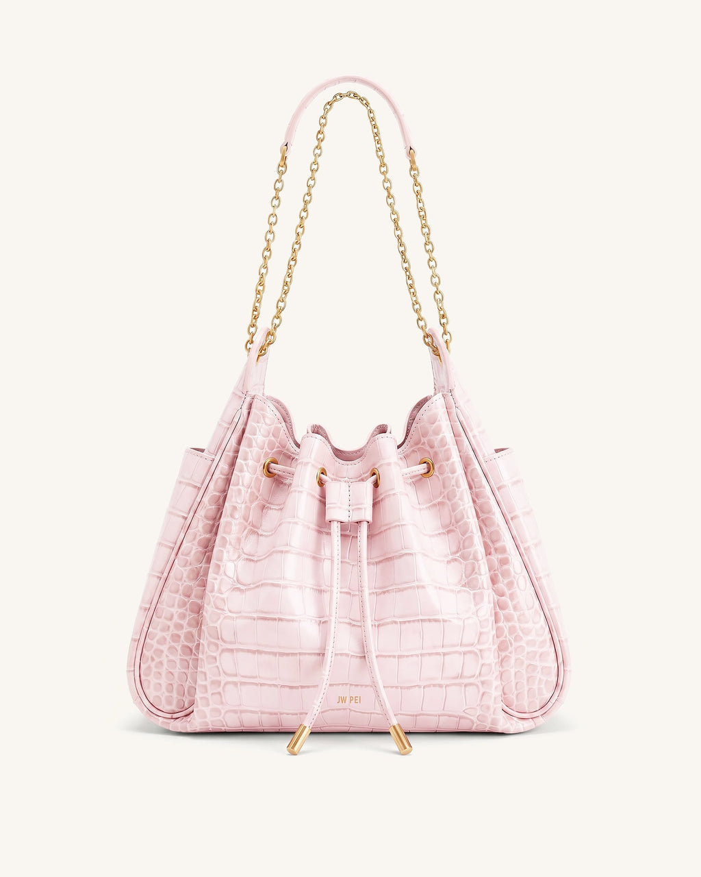 Rowan Ruched Drawstring Chain Bucket Bag - Pink Croc