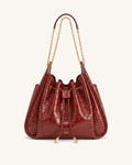Rowan Ruched Drawstring Chain Bucket Bag - Dark Red Croc