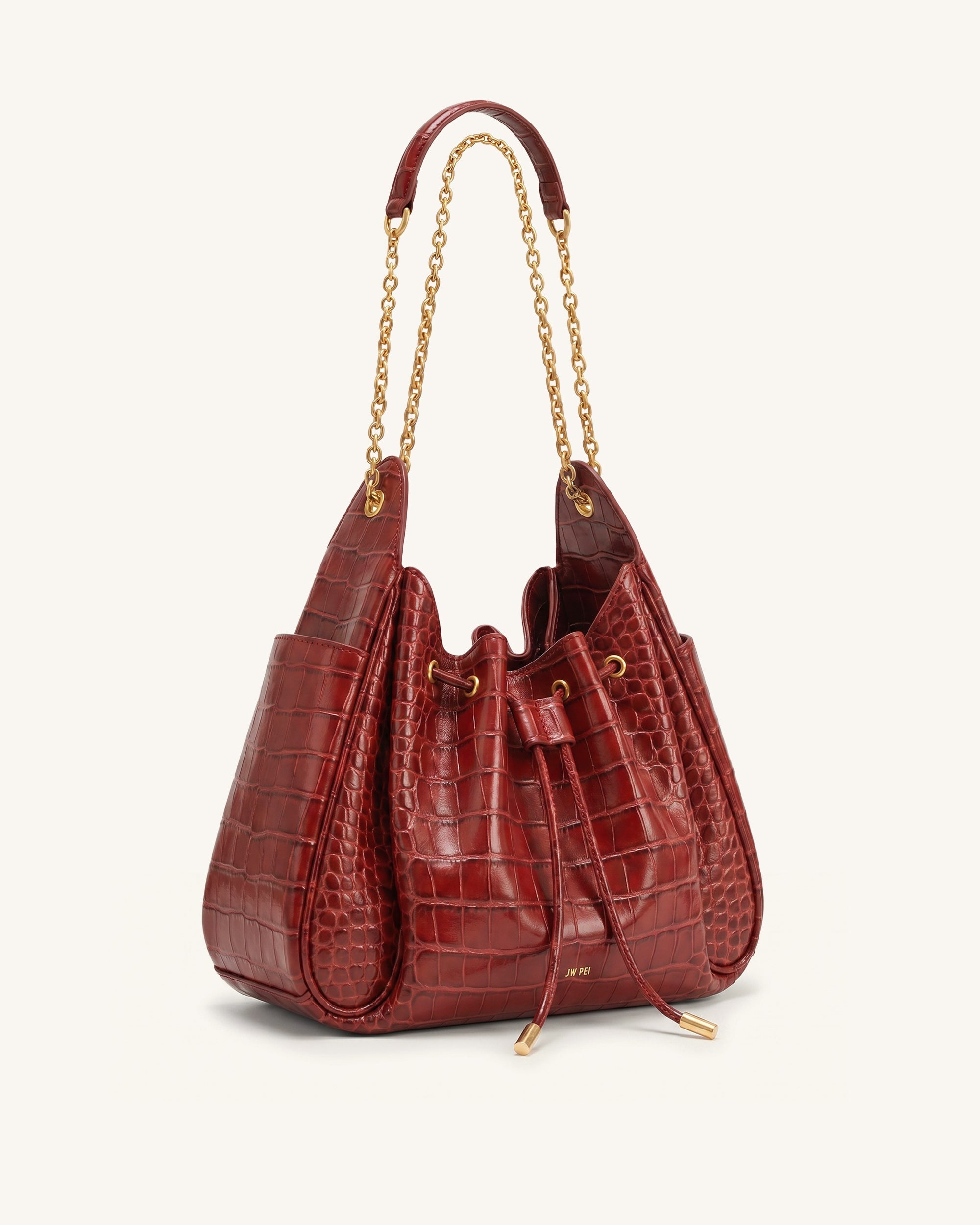 Rowan Ruched Drawstring Chain Bucket Bag - Dark Red Croc