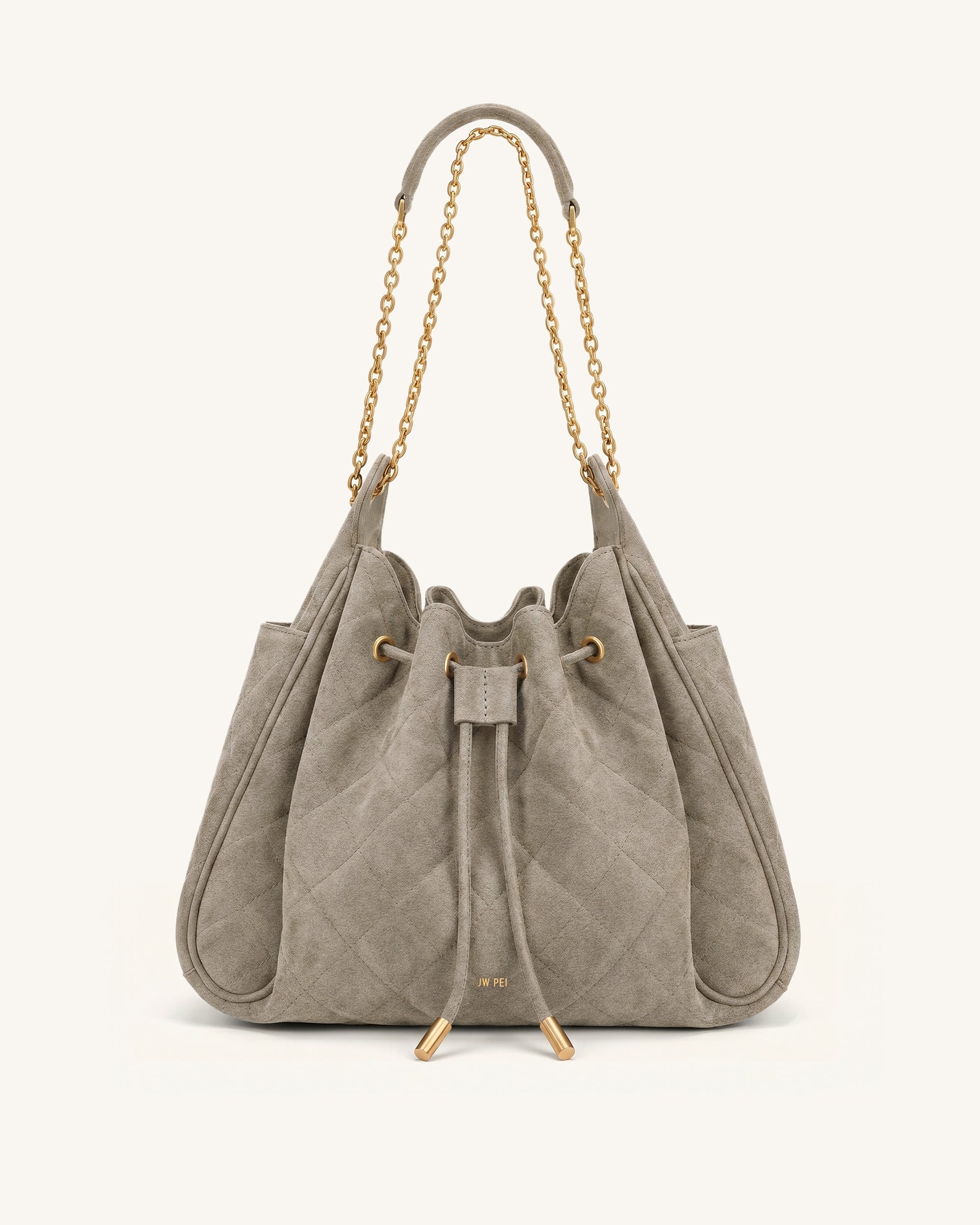 Rowan Faux Suede Quilted Chain Bucket Bag - Gray