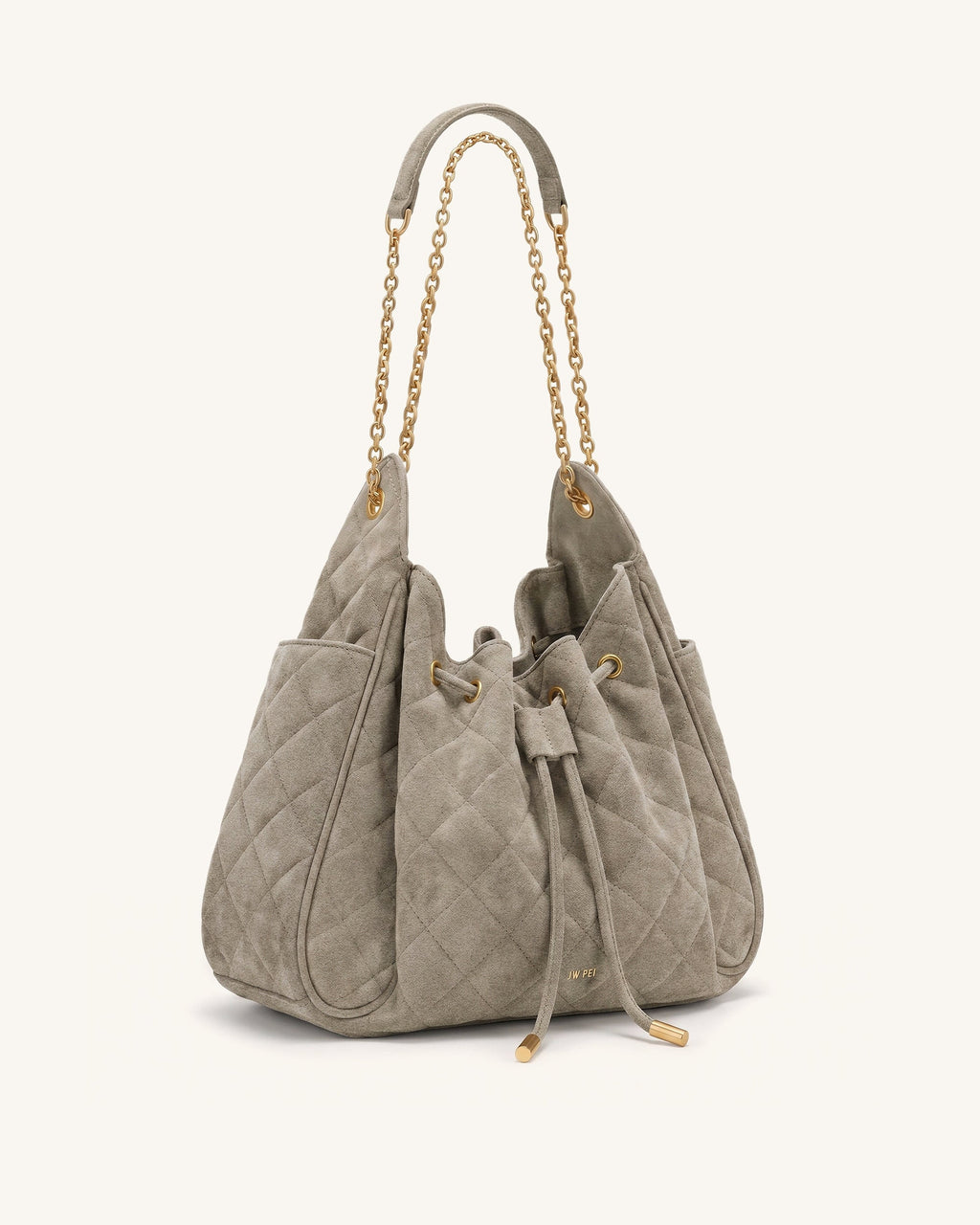 Rowan Faux Suede Quilted Chain Bucket Bag - Gray