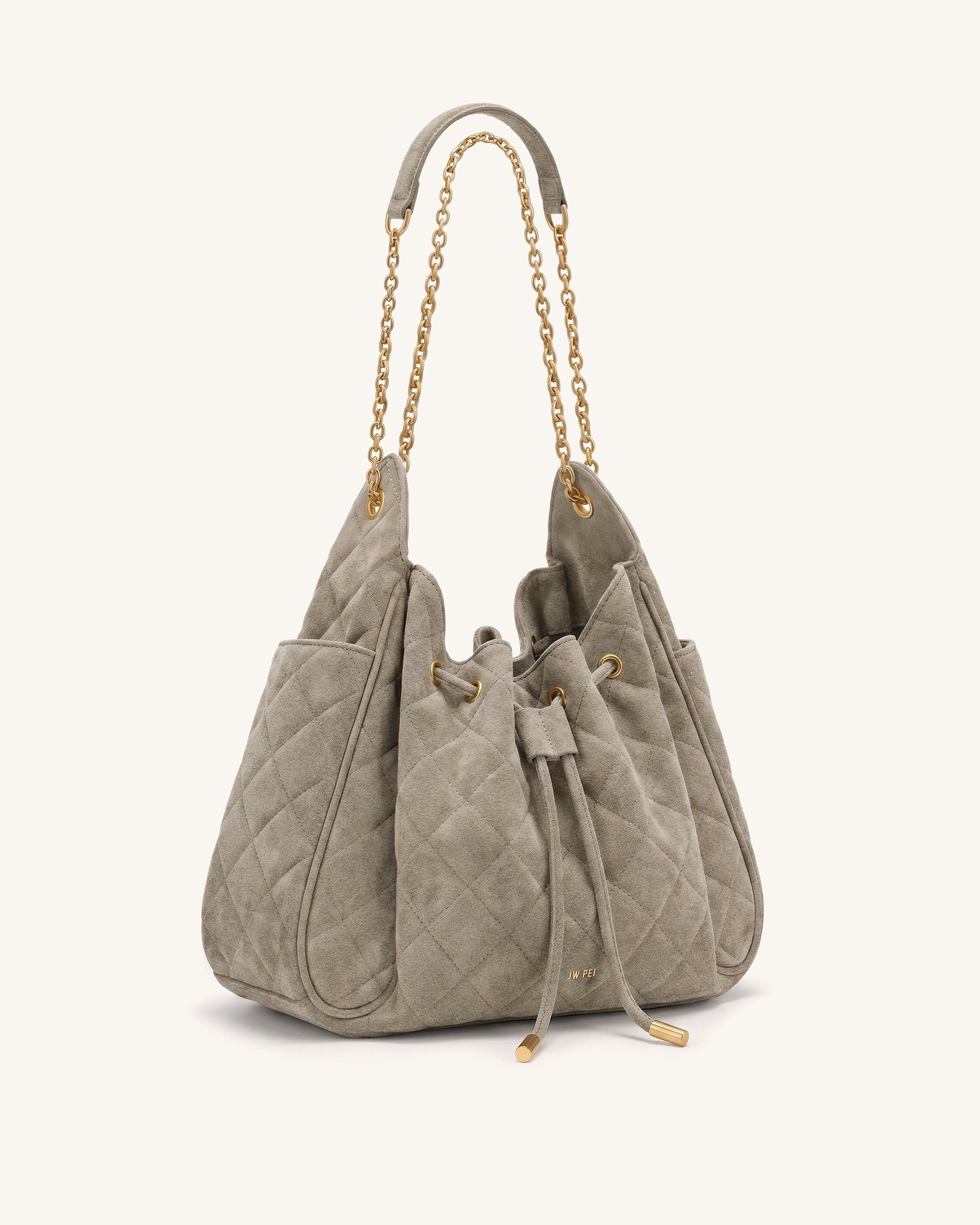 Rowan Faux Suede Quilted Chain Bucket Bag - Gray
