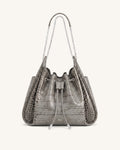 Rowan Ruched Drawstring Chain Bucket Bag - Grey Croc