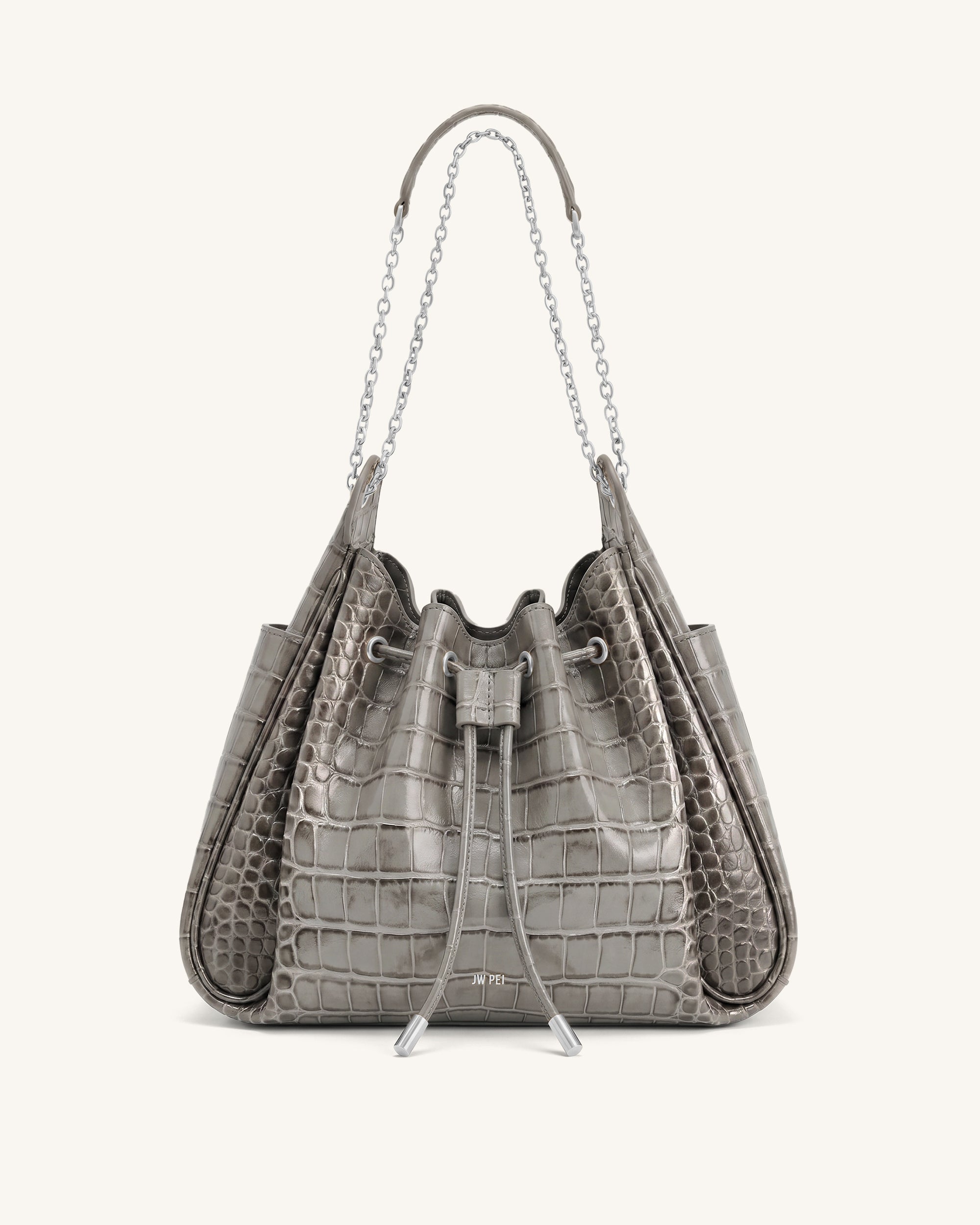 Rowan Ruched Drawstring Chain Bucket Bag - Grey Croc