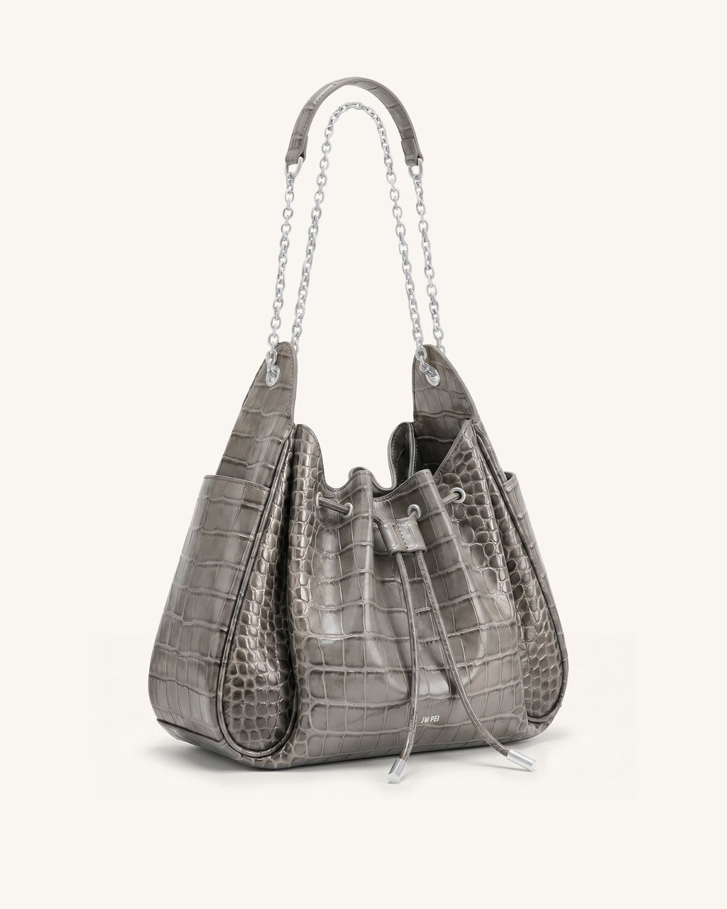 Rowan Ruched Drawstring Chain Bucket Bag - Grey Croc