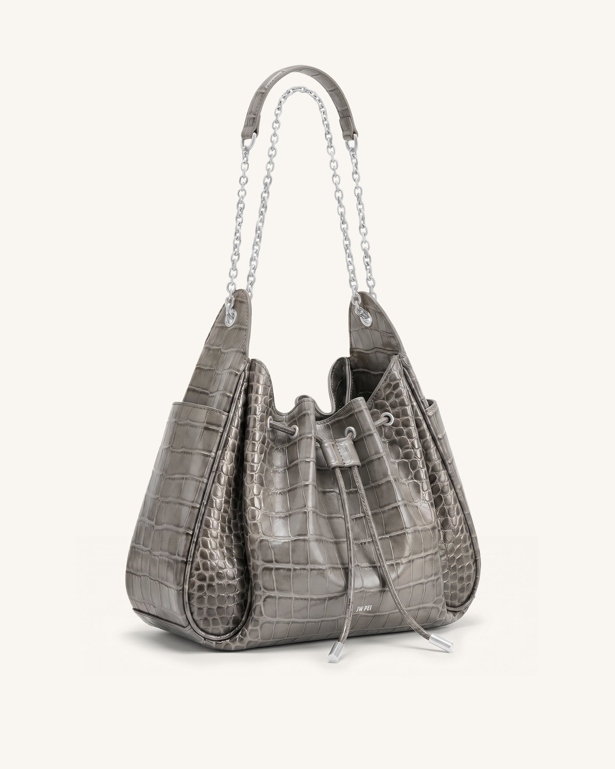 Rowan Ruched Drawstring Chain Bucket Bag - Grey Croc