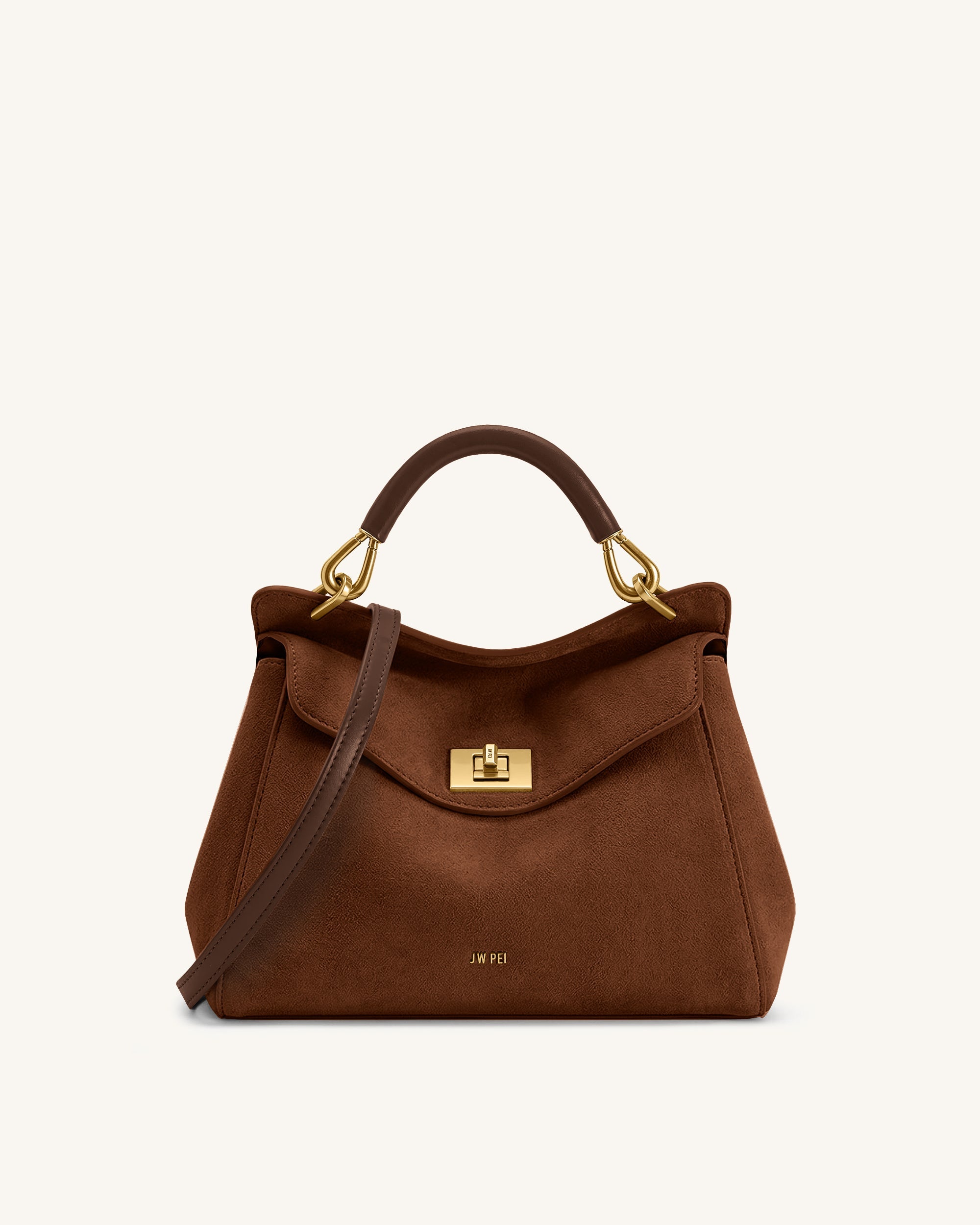 Lucia Classic Faux Suede Top Handle Bag - Dark Red Brown