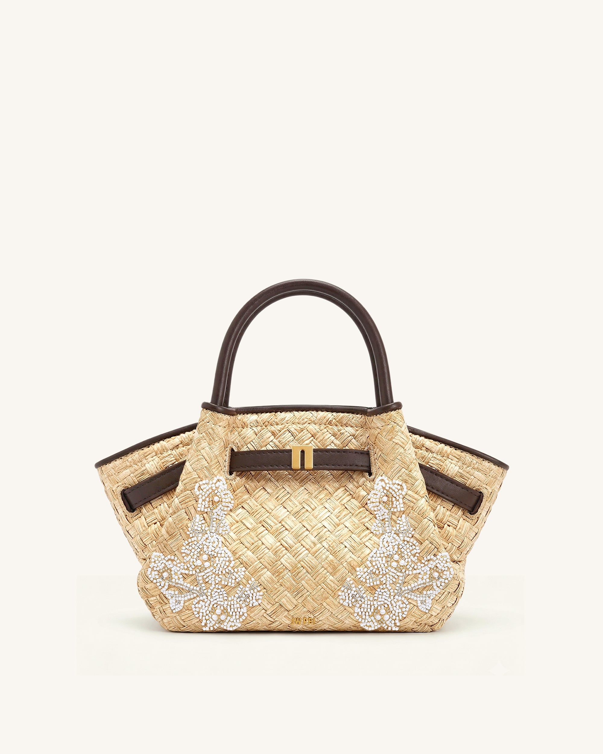 Hana Mini Faux Straw Beading Tote Bag - Brown