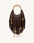Chloe Metal Handle Fringe Top Handbag - Dark Brown